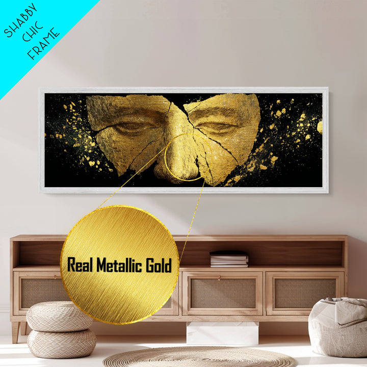 Cracked Ancient Golden Mask, Mythological Relic Metallic Gold Metal Print, Unique Fantasy Wall Art, Real Wood Frame