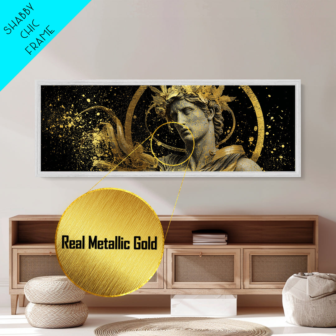 Apollo Bust With Golden Halo, Ancient Greek God Metallic Gold Metal Print, Mythology Sculpture Wall Art, Real Wood Frame