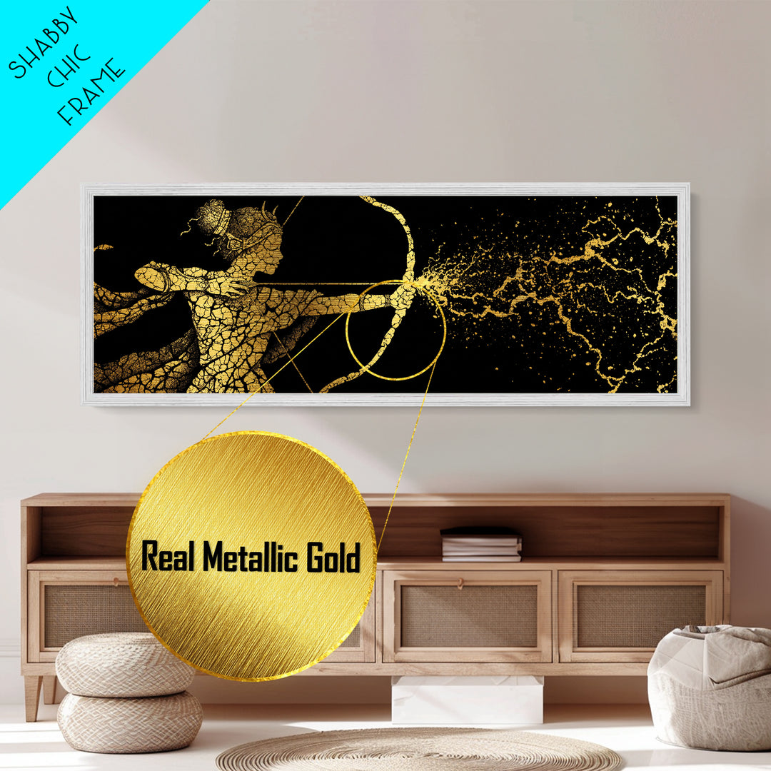 Artemis Golden Archer Illustration, Ancient Greek Goddess Metallic Gold Metal Print, Mythology Wall Art, Real Wood Frame