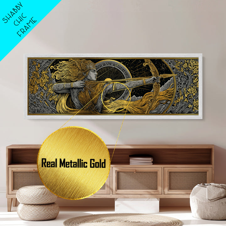Greek Goddess Artemis With Bow, Mythological Archer Metallic Gold Metal Print, Fantasy Wall Art, Real Wood Frame