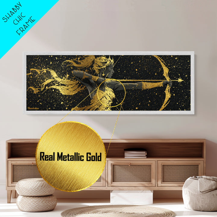 Celestial Artemis Archer Artwork, Mythology Inspired Metallic Gold Metal Print, Greek Goddess Wall Art, Real Wood Frame