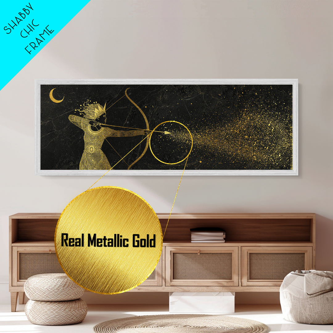 Celestial Artemis Shooting Stars, Ancient Greek Goddess Metallic Gold Metal Print, Mythology Wall Art, Real Wood Frame