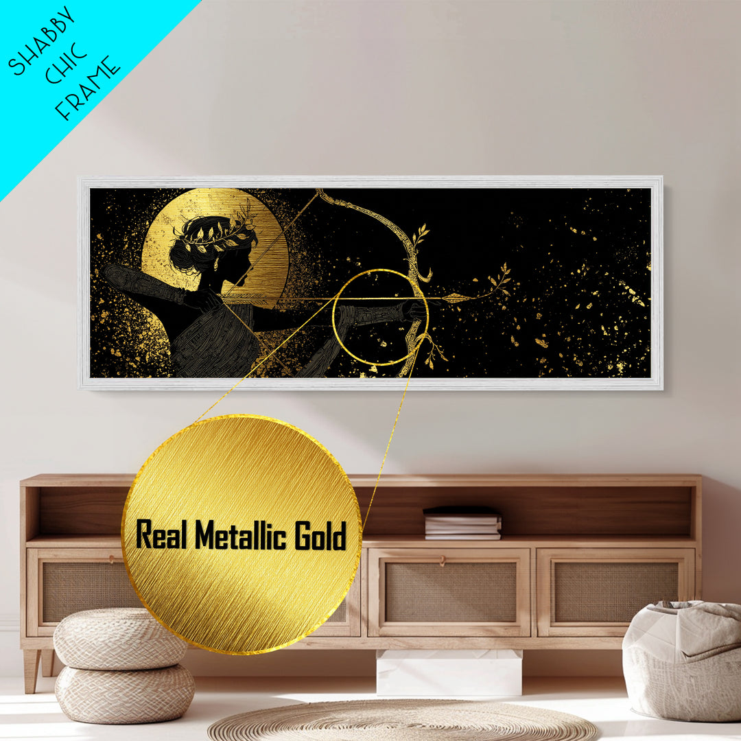 Divine Artemis With Bow And Moon, Mythology Inspired Metallic Gold Metal Print, Goddess Wall Art, Real Wood Frame