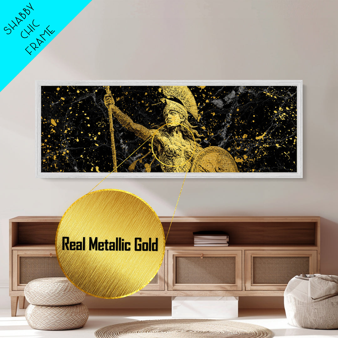Athena Goddess Of Wisdom And War, Ancient Greek Metallic Gold Metal Print, Mythology Warrior Wall Art, Real Wood Frame