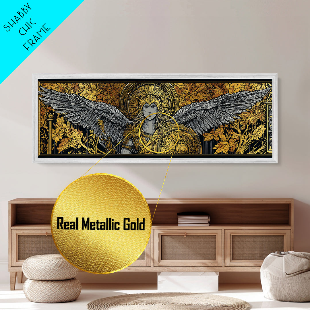Athena With Wings And Shield, Ancient Greek Goddess Metallic Gold Metal Print, Mythology Warrior Wall Art, Real Wood Frame
