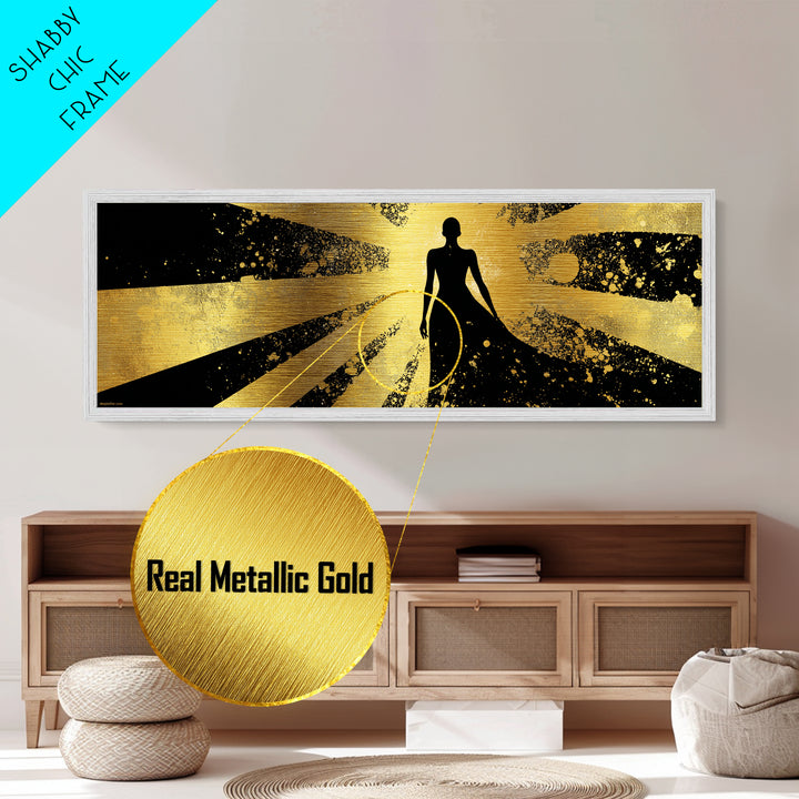 Divine Goddess Silhouette, Radiant Light Rays Wall Decor, Metallic Gold Metal Print, Luxury Mythology Art, Real Wood Frame