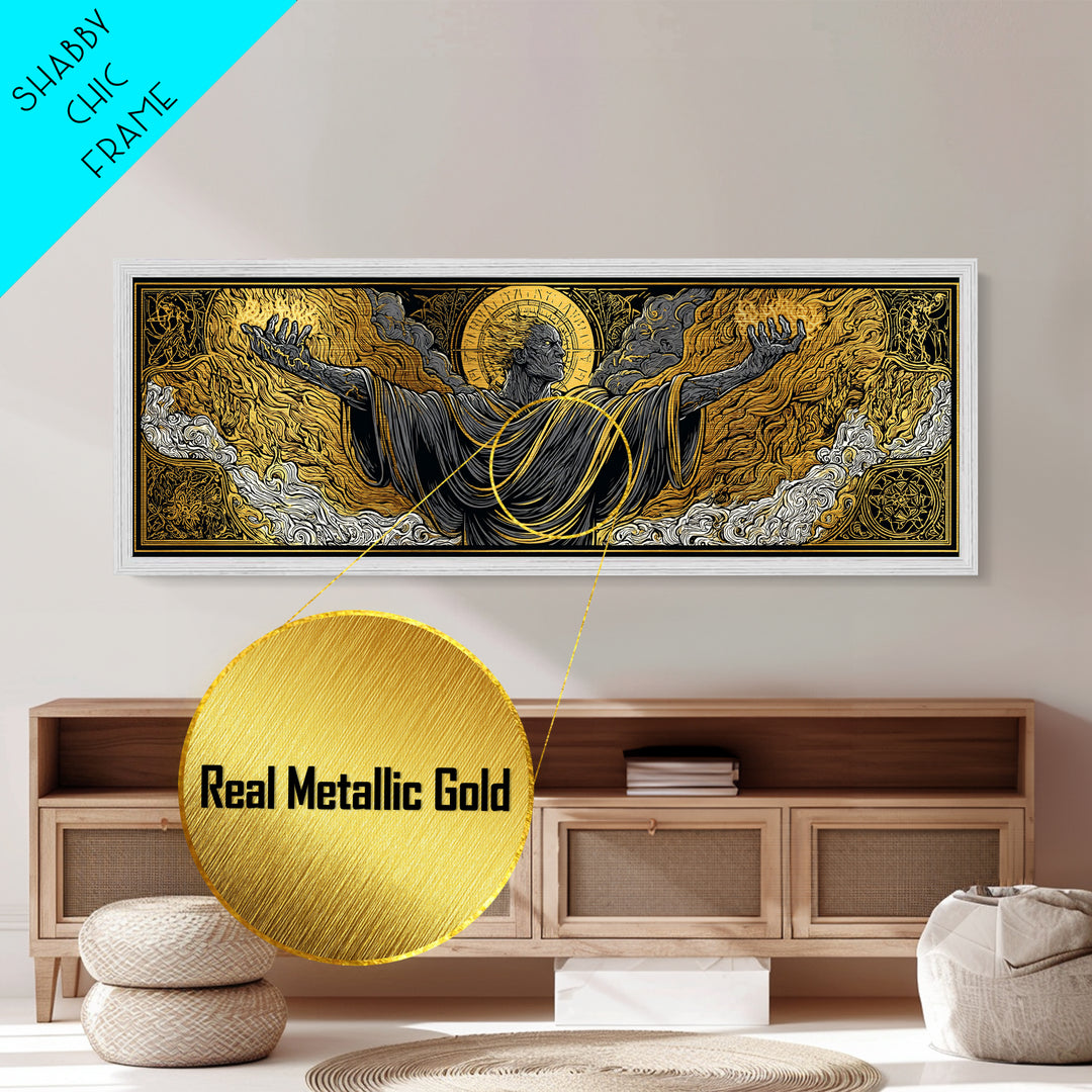 Ancient Titan With Flames, Mythology God Wall Art, Metallic Gold Metal Print, Dramatic Greek Decor, Real Wood Frame
