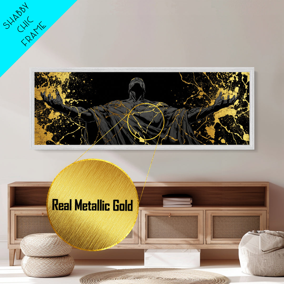 Broken God Kintsugi Style, Abstract Mythology Figure, Metallic Gold Metal Print, Elegant Modern Wall Art, Real Wood Frame