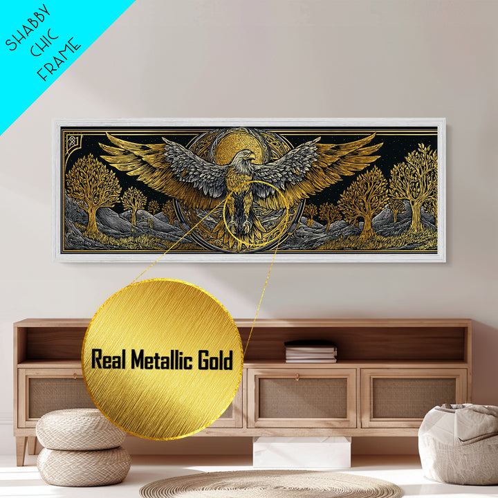 Eagle With Outstretched Wings, Mythology Bird Wall Decor, Metallic Gold Metal Print, Symbolic Strength Art, Real Wood Frame