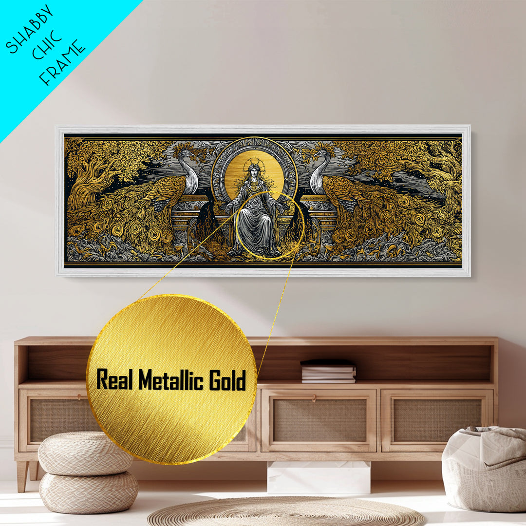 Queen Goddess With Peacocks, Mythology Regal Wall Art, Metallic Gold Metal Print, Luxurious Divine Decor, Real Wood Frame