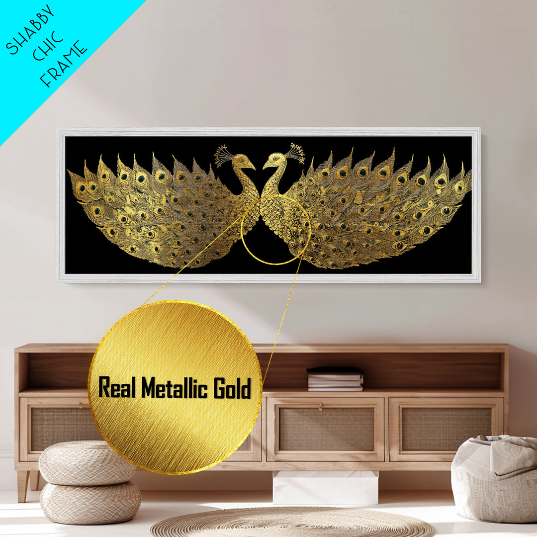 Twin Peacock Feathers, Elegant Bird Wall Decor, Metallic Gold Metal Print, Symbolic Decorative Art, Real Wood Frame