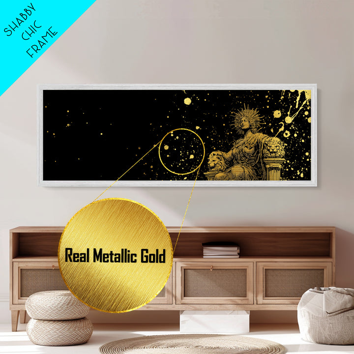 Celestial Goddess On Throne, Mythology Divine Wall Decor, Metallic Gold Metal Print, Cosmic Starry Art, Real Wood Frame