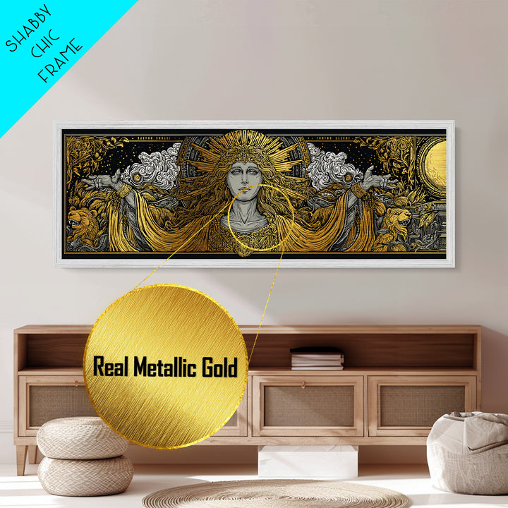 Hera Goddess Metallic Gold Metal Print, Greek Mythology Wall Art, Regal Woman Illustration, Real Wood Frame, Luxury Home Decor