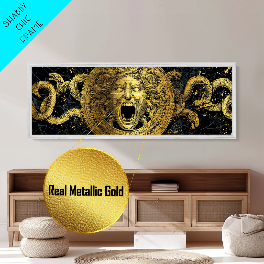 Medusa Metallic Gold Metal Print, Mythology Wall Art, Serpent Hair Gorgon Illustration, Greek Goddess Decor, Real Wood Frame, Luxury