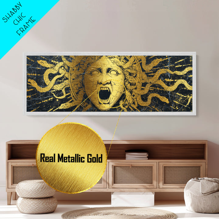 Medusa Serpent Metallic Gold Metal Print, Greek Mythology Wall Art, Gorgon Face Illustration, Real Wood Frame, Unique Statement Decor