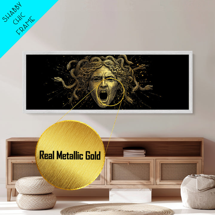 Medusa Head Metallic Gold Art, Greek Mythological Gorgon Wall Print, Snake Hair Woman Illustration, Real Wood Frame, Bold Luxury Decor