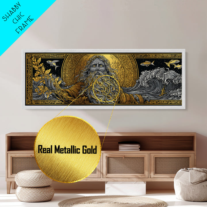 Oceanus Metallic Gold Metal Print, Greek Titan Of The Sea, Mythology Wall Art, Flowing Waves Illustration, Real Wood Frame, Ocean Decor