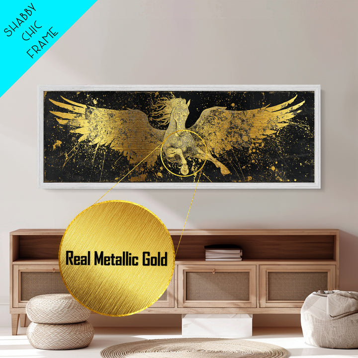 Pegasus Flying Metallic Gold Metal Print, Greek Mythology Horse Wall Art, Real Wood Frame, Luxury Decorative Artwork
