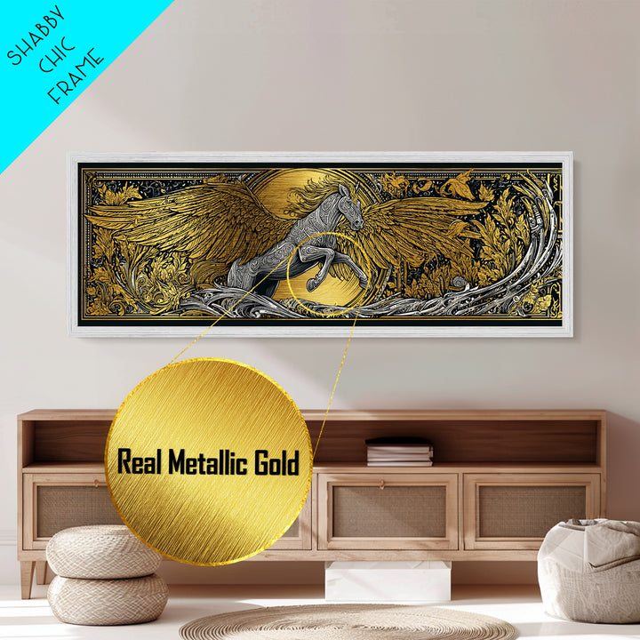 Pegasus Rising Metallic Gold Metal Print, Mythological Horse Wall Art, Real Wood Frame, Luxury Collectible Decorative Art