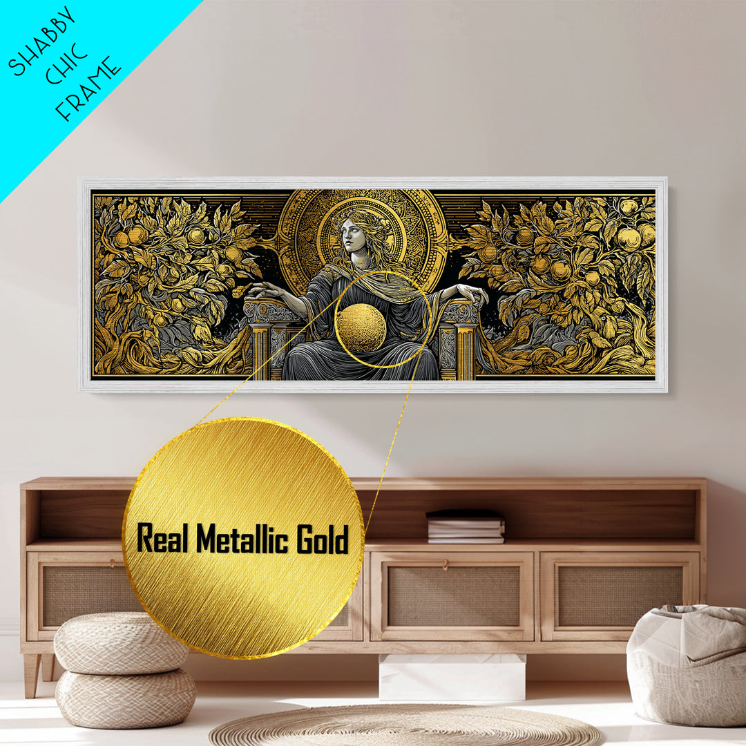 Persephone Throne Metallic Gold Metal Print, Goddess Of Spring Wall Art, Real Wood Frame, Mythology Artwork For Decor