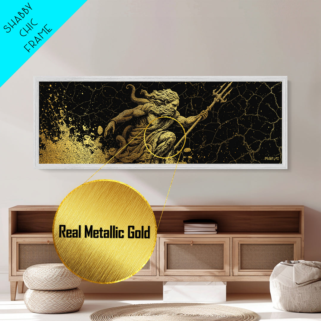 Poseidon Ocean Metallic Gold Metal Print, Greek Mythology Wall Art, Real Wood Frame, Decorative God Of The Sea Artwork