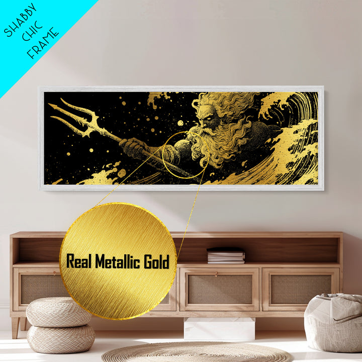 Poseidon Waves Metallic Gold Metal Print, Mythological Sea God Wall Art, Real Wood Frame, Luxury Decorative Greek Artwork