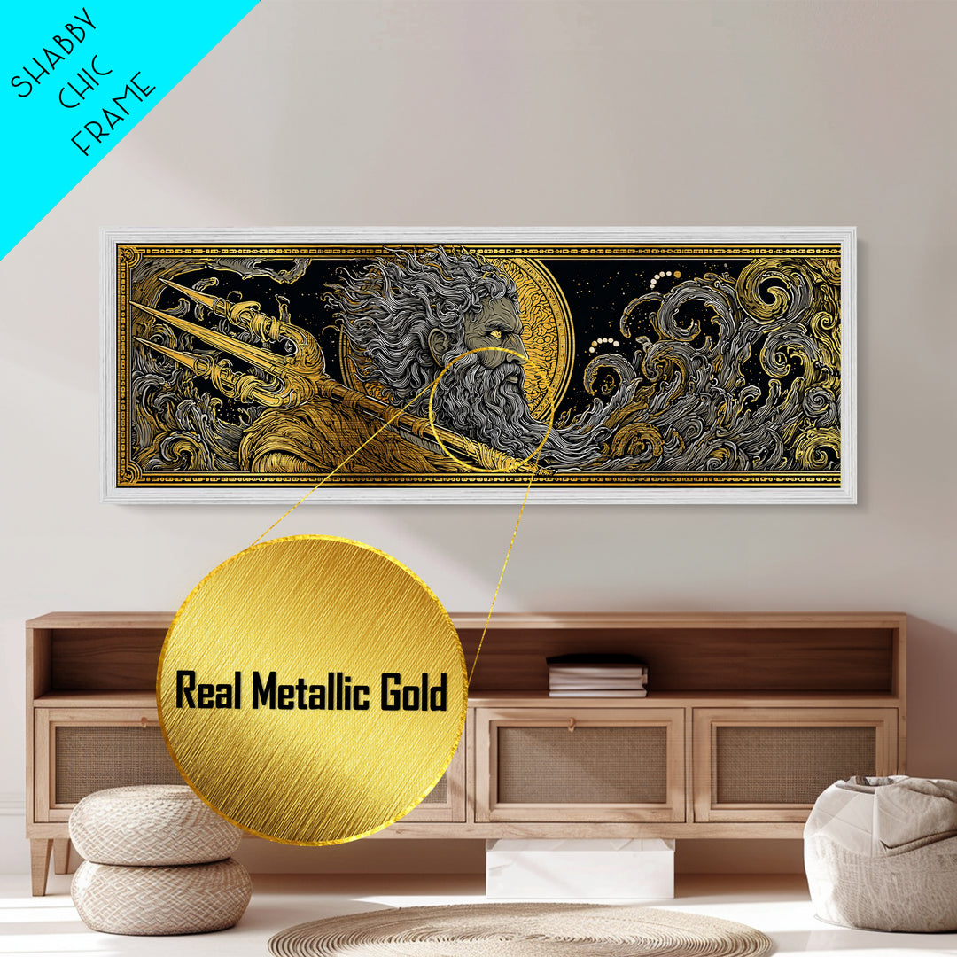 Poseidon With Trident Metallic Gold Metal Print, Greek Mythology Wall Art, Real Wood Framed Metal Artwork, Luxury Home Decor