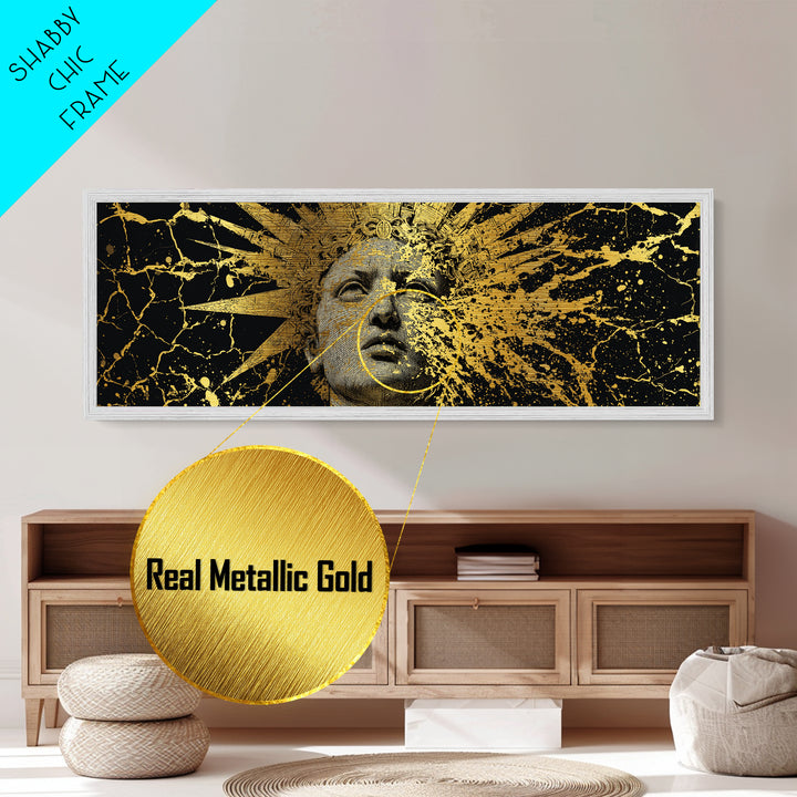 Prometheus Sunburst Bust Metallic Gold Metal Print, Greek Statue Inspired Wall Art, Real Wood Frame, Elegant Mythology Artwork