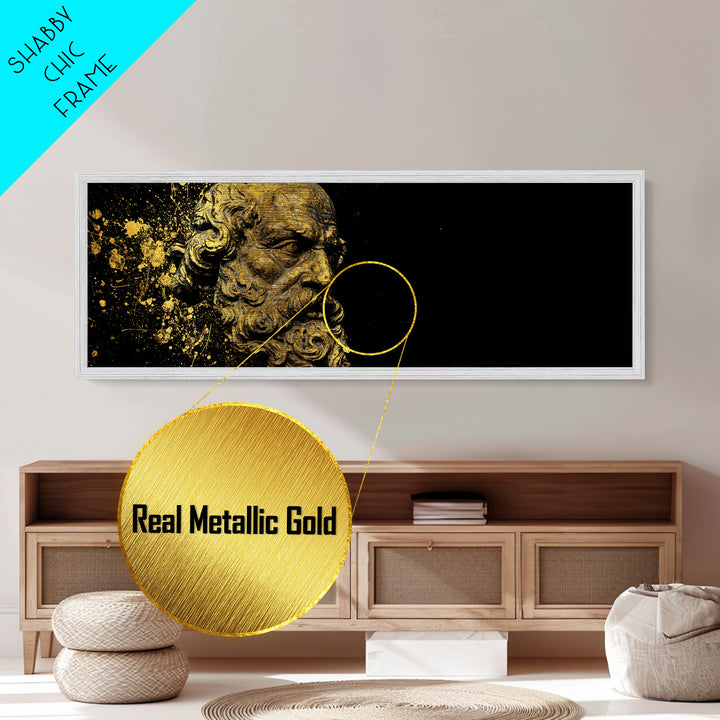 Socrates Bust Metallic Gold Art, Greek Philosopher Metal Print, Classical Statue Inspired Artwork, Real Wood Frame Wall Decor