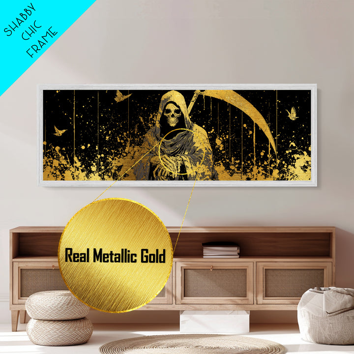 Thanatos Grim Reaper Metallic Gold Metal Print, Mythology Inspired Wall Art, Real Wood Framed Metal Artwork, Gothic Home Decor