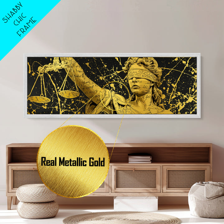 Themis Blind Justice Metallic Gold Art, Greek Goddess Wall Print, Real Wood Frame Metal Print, Law And Justice Statue Artwork