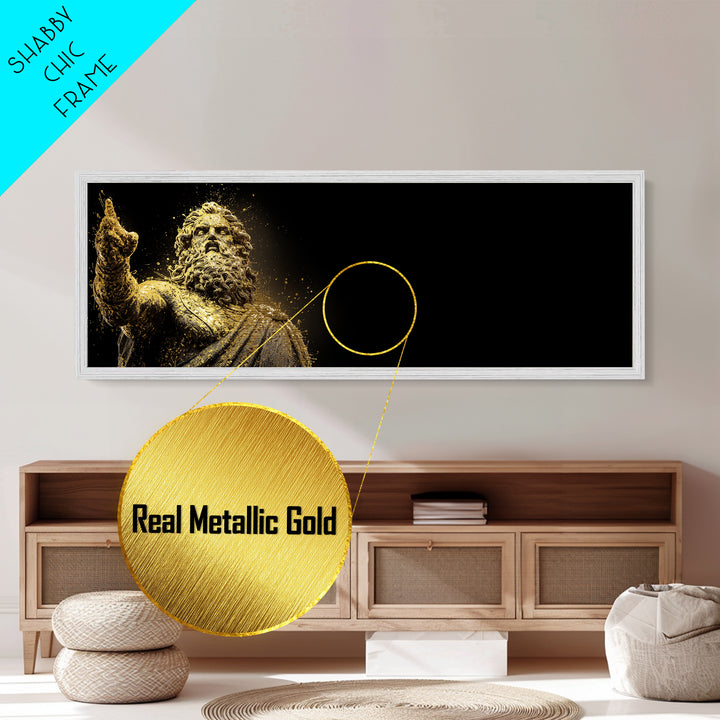Zeus Statue Metallic Gold Metal Print, Greek God Wall Art, Lightning King Decor, Real Wood Frame Mythology Inspired Artwork