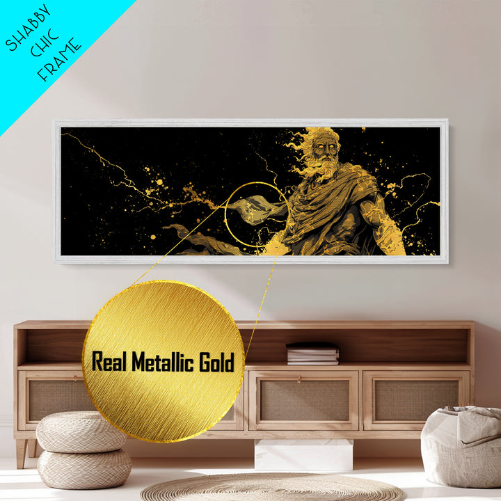 Zeus With Lightning Metallic Gold Art, Greek Mythology Metal Print, Real Wood Frame Decor, Dramatic Wall Artwork For Home
