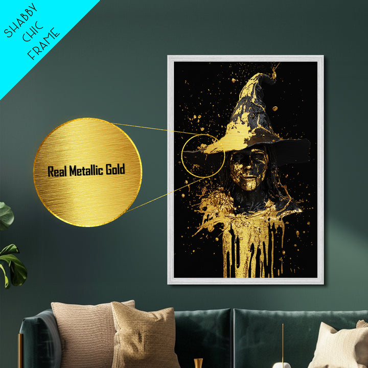 Witch Bust with Dripping Hat in Metallic Gold Art, Spooky Halloween Metal Art with Real Wood Frame, Gothic Witch Wall Decor