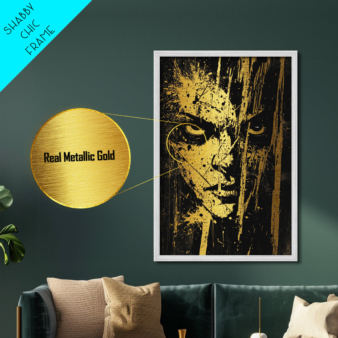 Intense Spooky Face in Splatter Style – Metallic Gold Art, Halloween Metal Art with Real Wood Frame, Gothic Horror Wall Print