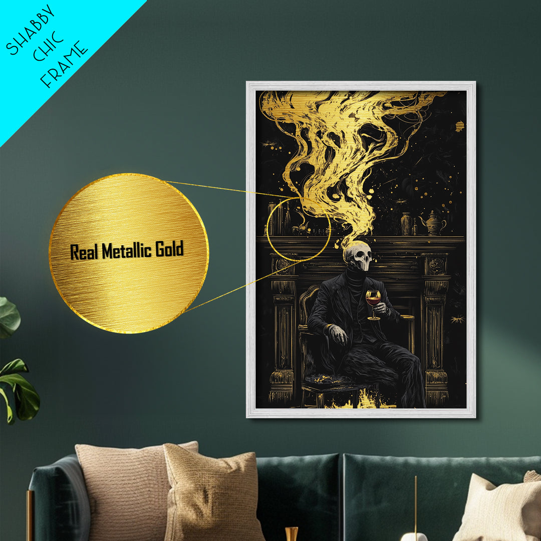 Skull Gentleman Metallic Gold Art, Haunted Gothic Horror Metal Art With Natural Wood Frame, Spooky Halloween Macabre Wall Art