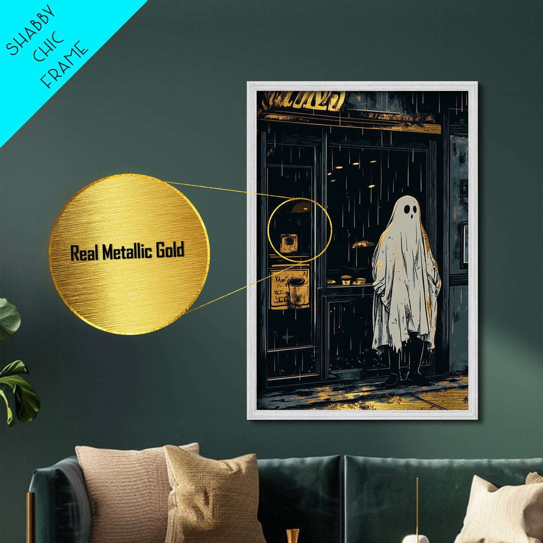 Haunted Ghost in the Rain Metallic Gold Art Metal Art Spooky Season Wall Decor Framed in Natural Wood Gothic Halloween Print