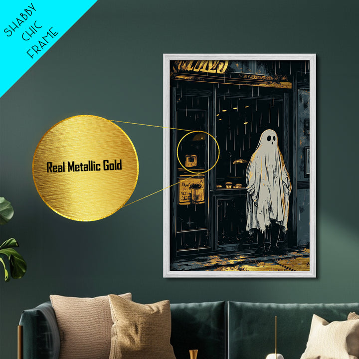 Haunted Ghost in the Rain Metallic Gold Art Metal Art Spooky Season Wall Decor Framed in Natural Wood Gothic Halloween Print