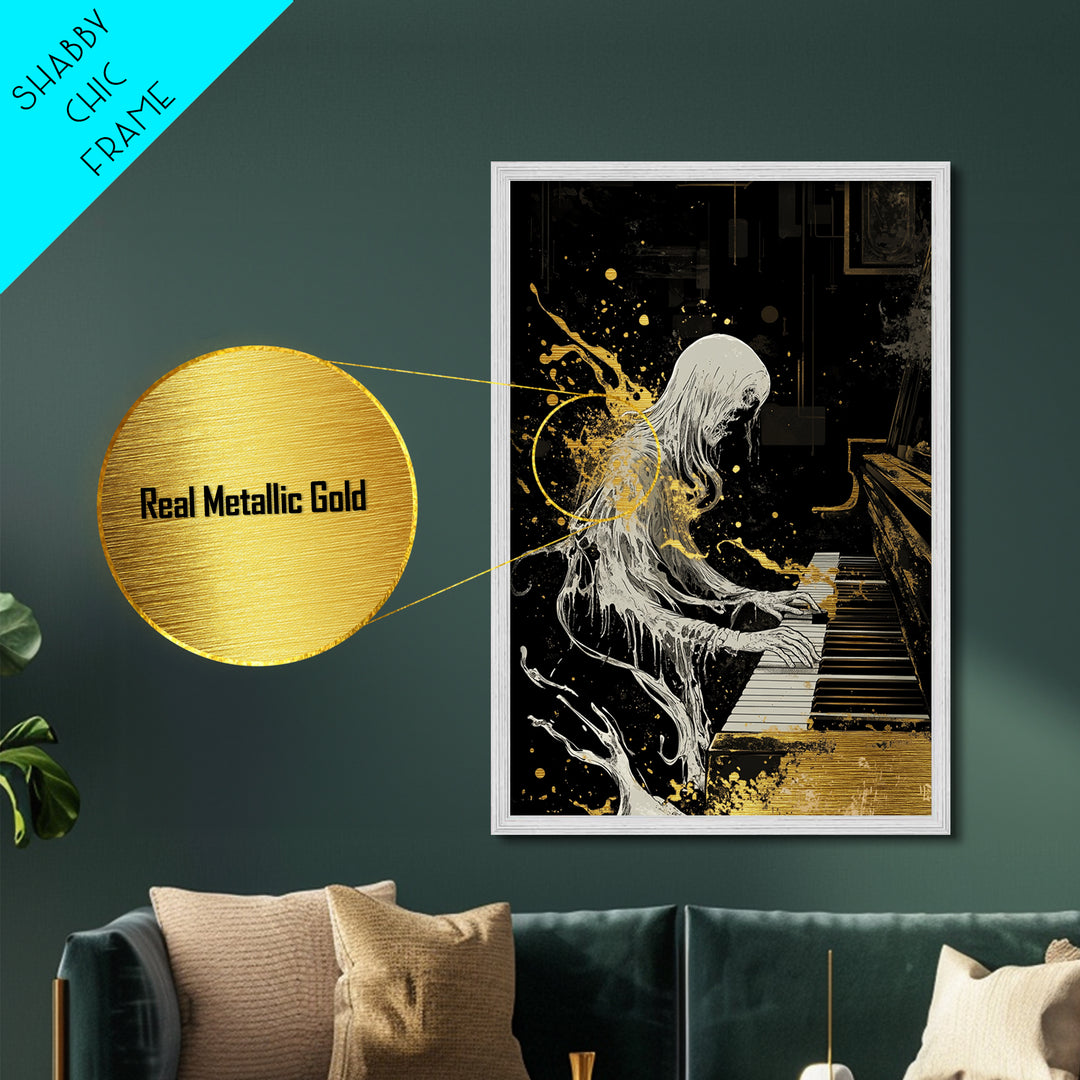 Gothic Spirit Playing Piano Metallic Gold Art Metal Art Horror Inspired Halloween Wall Decor with Real Wood Frame Creepy Gift