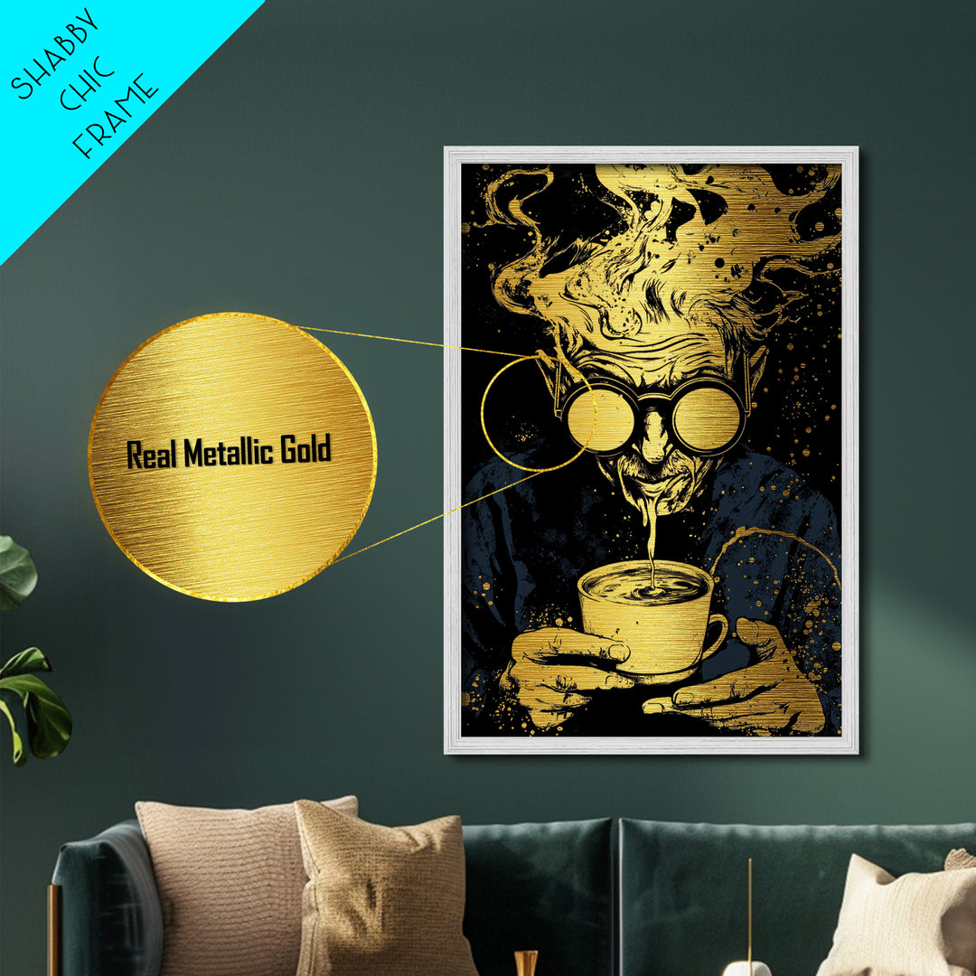 Witchy Coffee Alchemist Metallic Gold Art Metal Art Spooky Halloween Wall Decor in Real Wood Frame Gothic Kitchen Wall Hanging