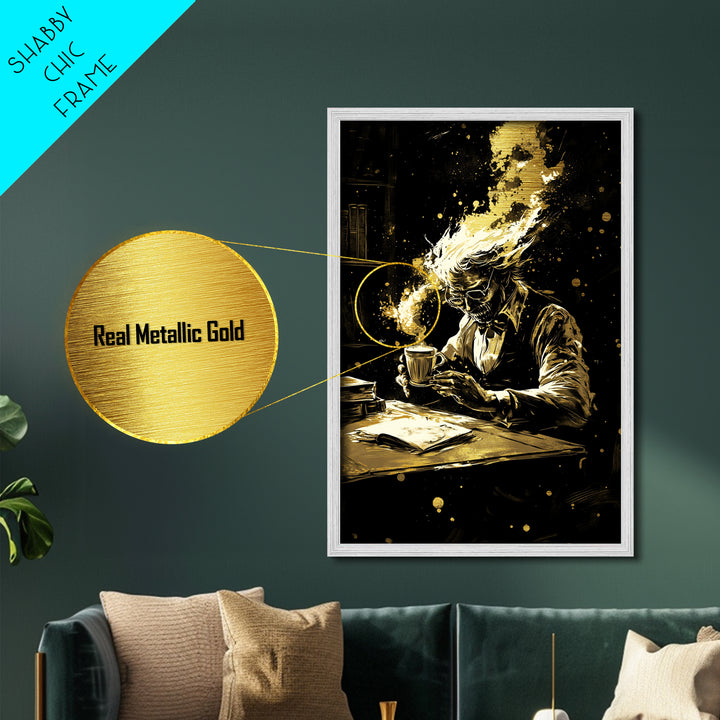 Dark Academia Coffee Skeleton Metallic Gold Art Metal Art Haunted Gothic Wall Decor Framed in Solid Wood Spooky Season Artwork