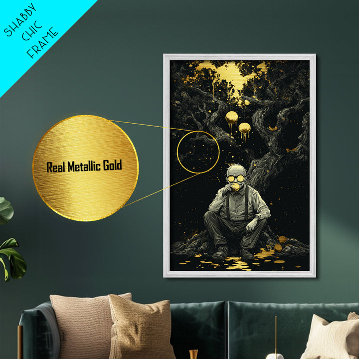 Creepy Orange Grove Metallic Gold Art Metal Art Gothic Halloween Wall Art with Natural Wood Frame Spooky Haunted Forest Print