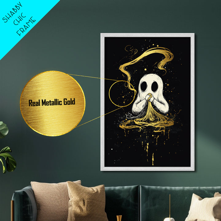 Ghost Eating Pasta Metallic Gold Art Metal Art Spooky Cute Halloween Wall Decor Framed in Real Wood Haunted Kitchen Wall Print