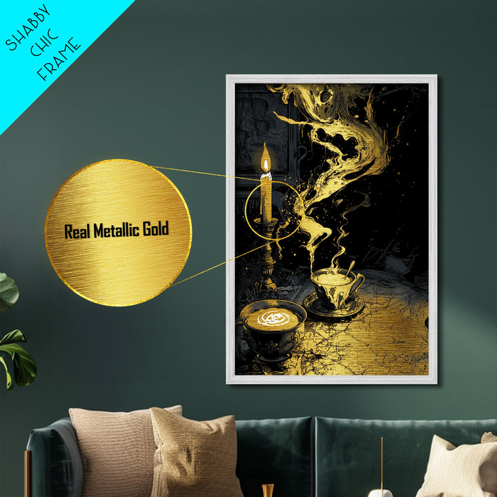 Witchy Candle and Coffee Metallic Gold Art Metal Art Haunted Gothic Wall Art in Real Wood Frame Spooky Season Halloween Decor