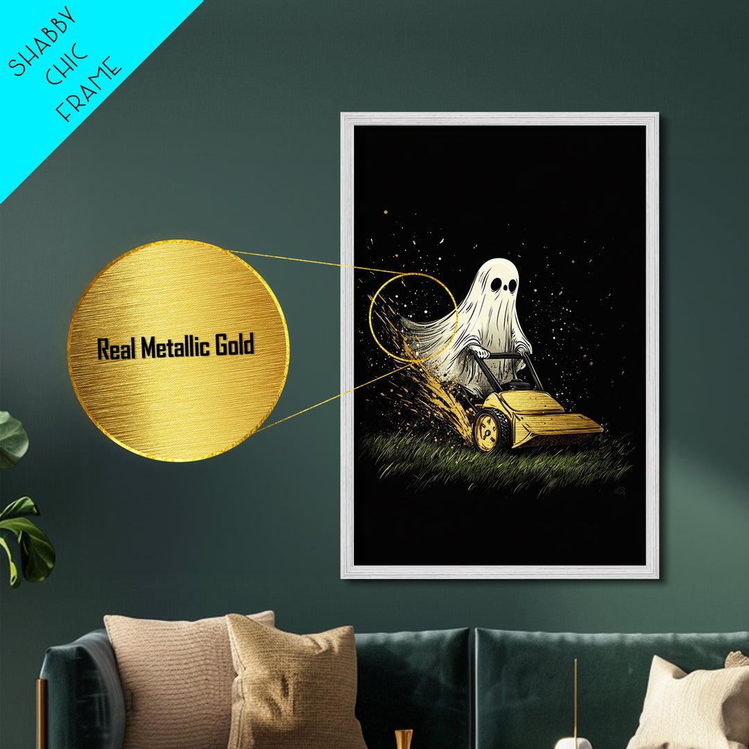 Ghost Mowing the Lawn Metallic Gold Art Metal Art Creepy Cute Halloween Wall Hanging Framed with Natural Wood Spooky Home Print