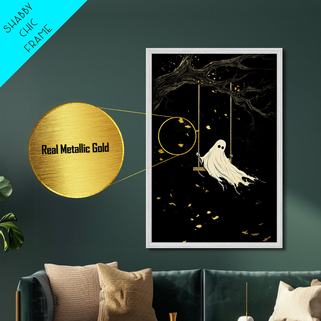 Lonely Ghost on Swing Metallic Gold Art Metal Art Spooky Haunted Wall Decor in Natural Wood Frame Gothic Halloween Season Print