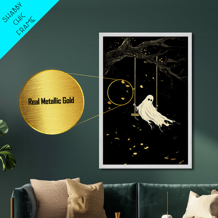 Lonely Ghost on Swing Metallic Gold Art Metal Art Spooky Haunted Wall Decor in Natural Wood Frame Gothic Halloween Season Print