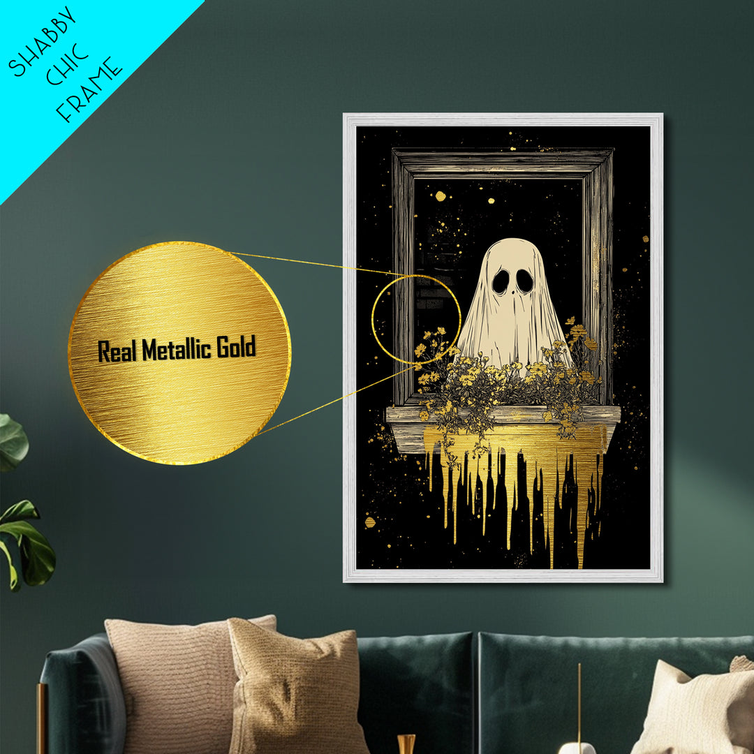 Ghost In Window With Flowers, Metallic Gold Art, Spooky Season Metal Art, Creepy Haunted Wall Print Framed in Natural Wood
