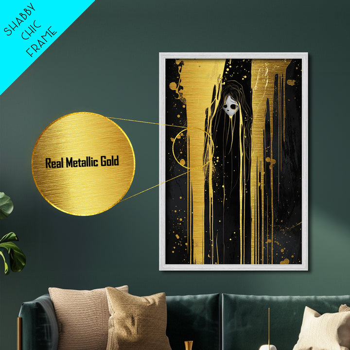 Horror Spirit Dripping Shadows Metallic Gold Art, Gothic Creepy Metal Art, Haunted Season Wall Décor with Real Wood Framing