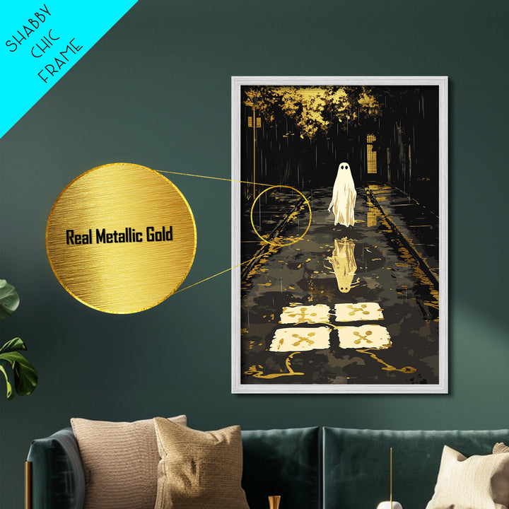 Spooky Ghost Reflection Metallic Gold Art, Haunted Night Metal Art, Halloween Wall Print, Autumn Season Décor in Wood Frame
